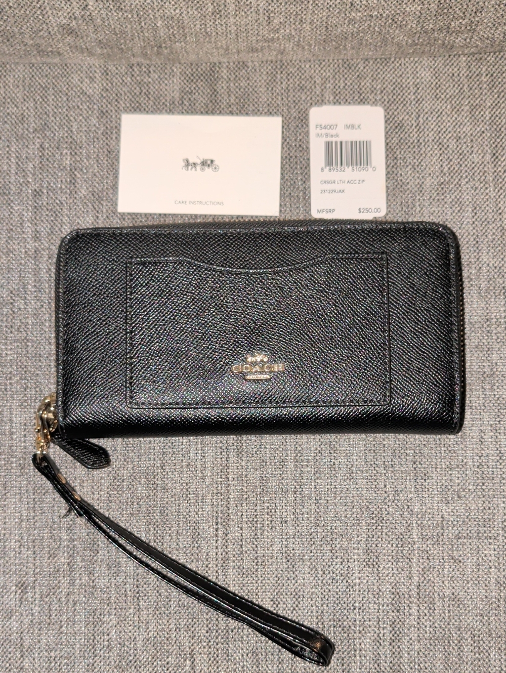 Coach Black Saffiano Leather Zip Wallet Wristlet with Gold Hardware